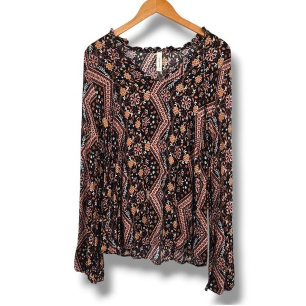 Peppermint Boho Floral Print‎ Long Sleeve Ruffle Neck Blouse Top Women's L